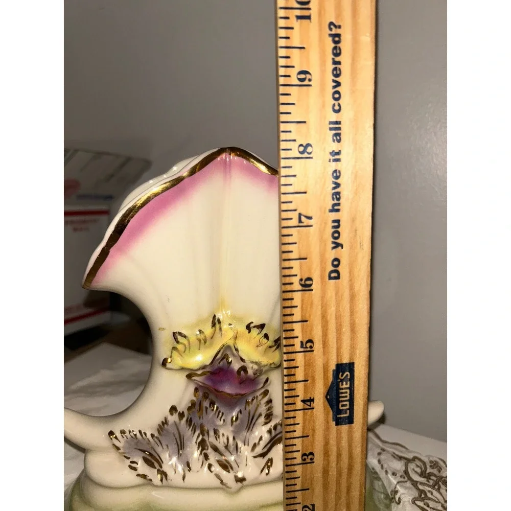 Vintage Ceramic Fan Vase Floral Gold Gilt Trim Mid Century Decor Cream Green
